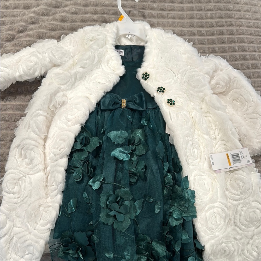 Elegant White Floral Coat and Green Dress Set